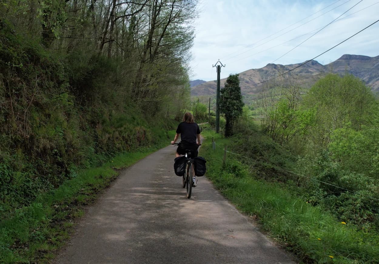 Person biking on a narrow road in the Basque Country lined with green trees with mountains in the background.
Turnkey bike holidays from The Family Bike.