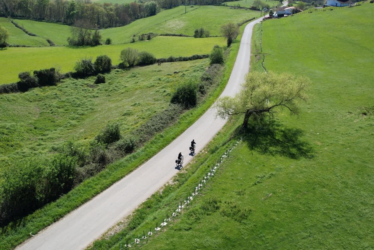 Two cyclists are pedaling on a winding road surrounded by green fields and trees.
Turnkey bike holidays from The Family Bike.