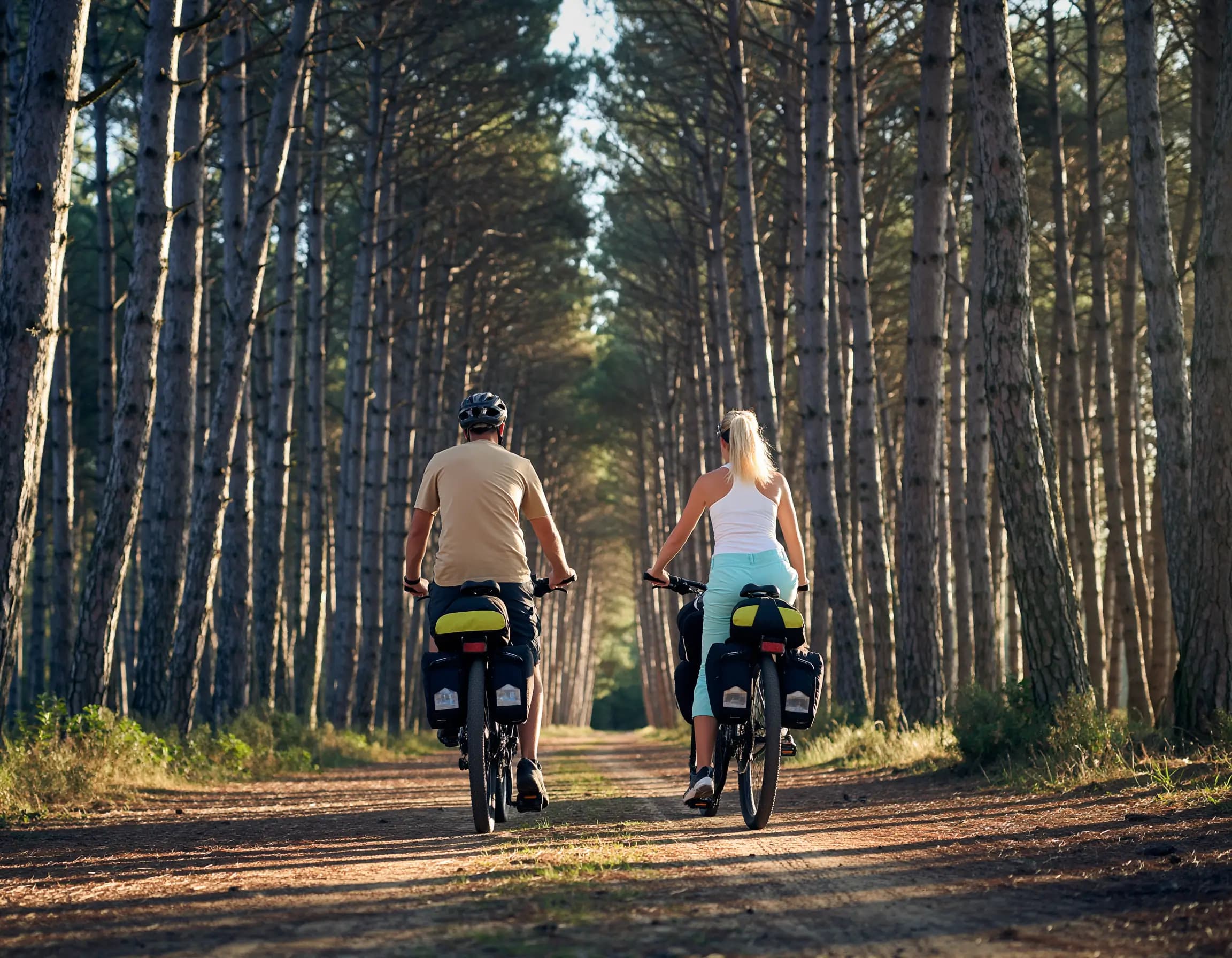 A couple is traveling by bike on a forest path in the Landes bordered by tall pines under a soft light at the end of the afternoon.
Travel bike rental with The Family Bike agency.
